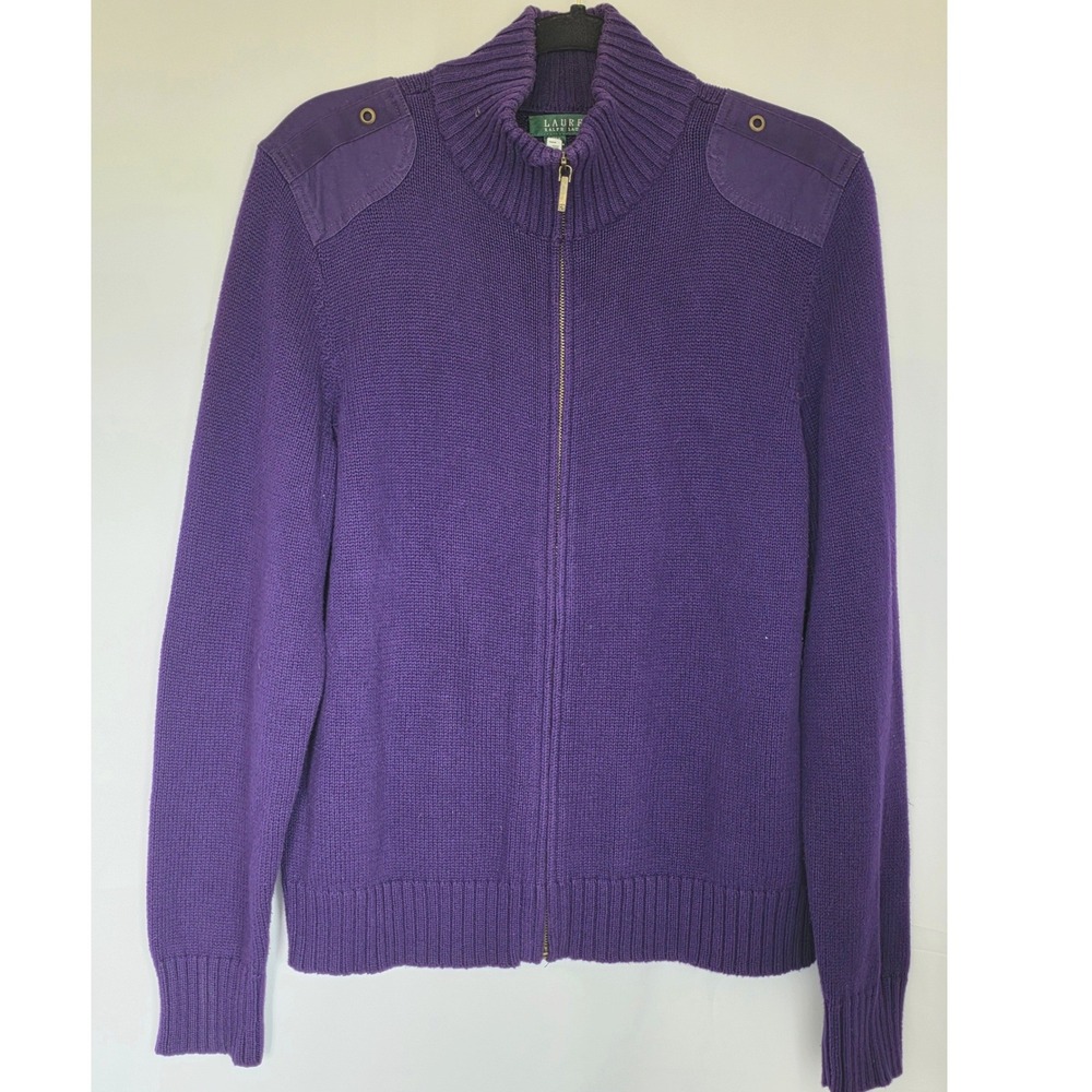 Lauren Ralph Lauren Purple Cotton Full Zip Cardigan Sweater XL Epaulettes Fall